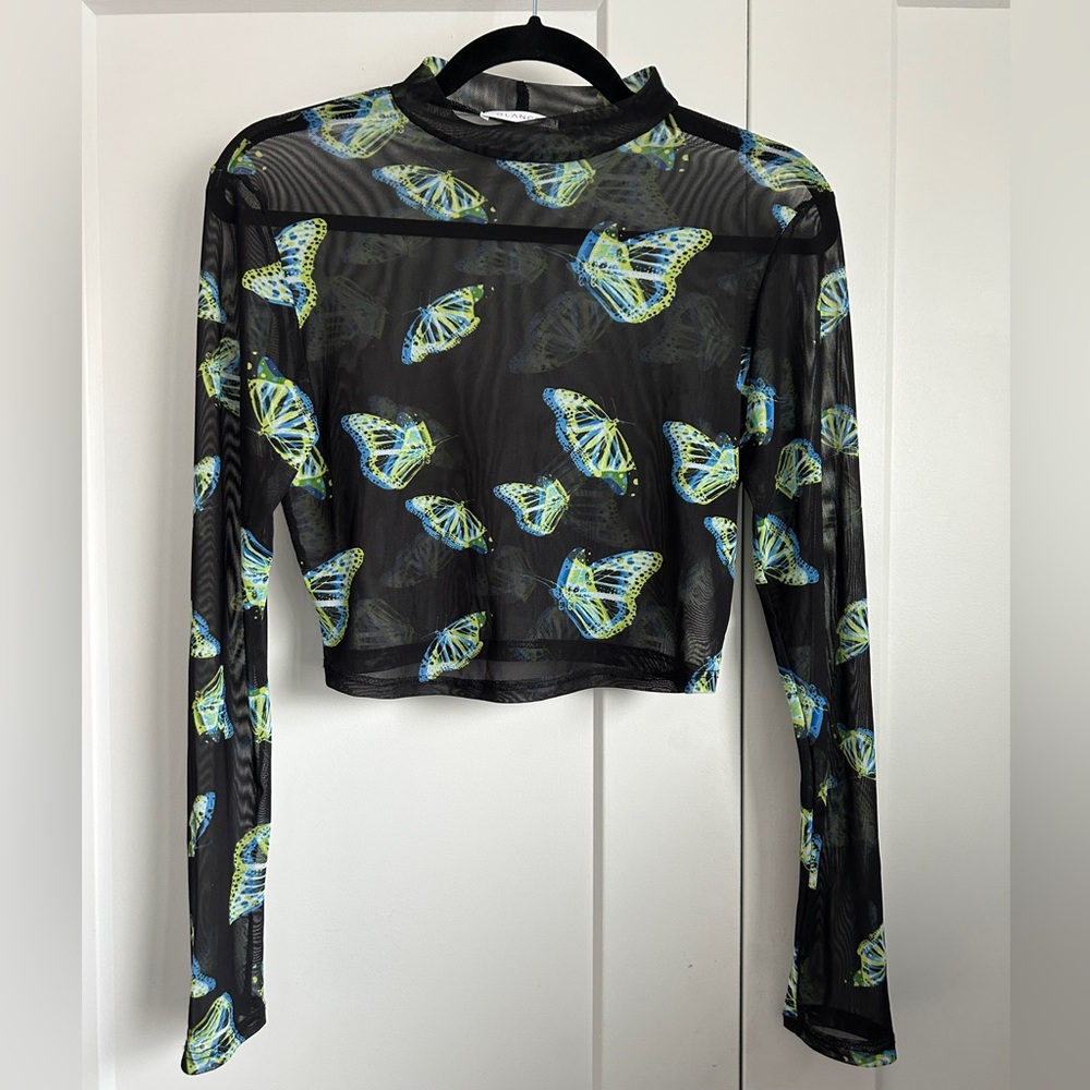 Glance Butterfly Print Sheer Black Crop Top